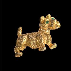 Gold-Tone Scottish‎ Terrier Dog Brooch Green Rhinestone Eyes & Collar Accent Pin